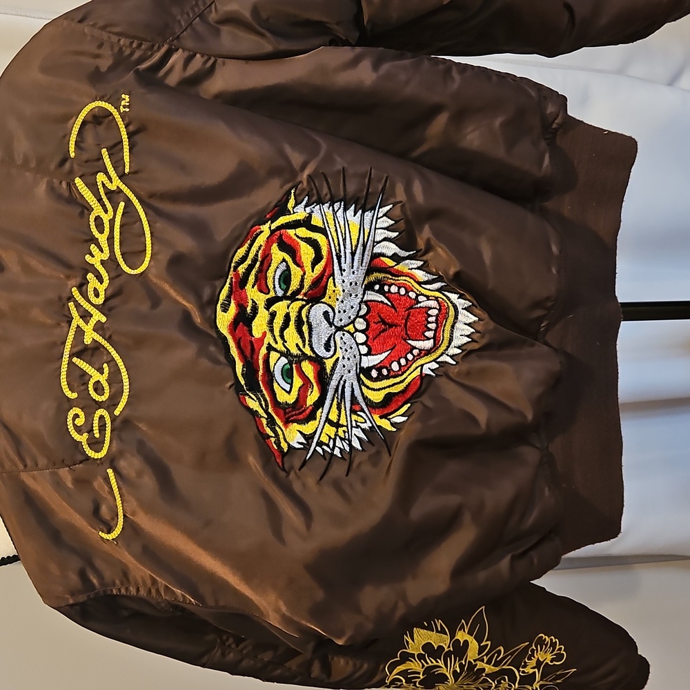 Rare Y2K Ed Hardy 2000s Zip Up Reversible Bomber Brown and Pink Jacket - Picture 4 of 11